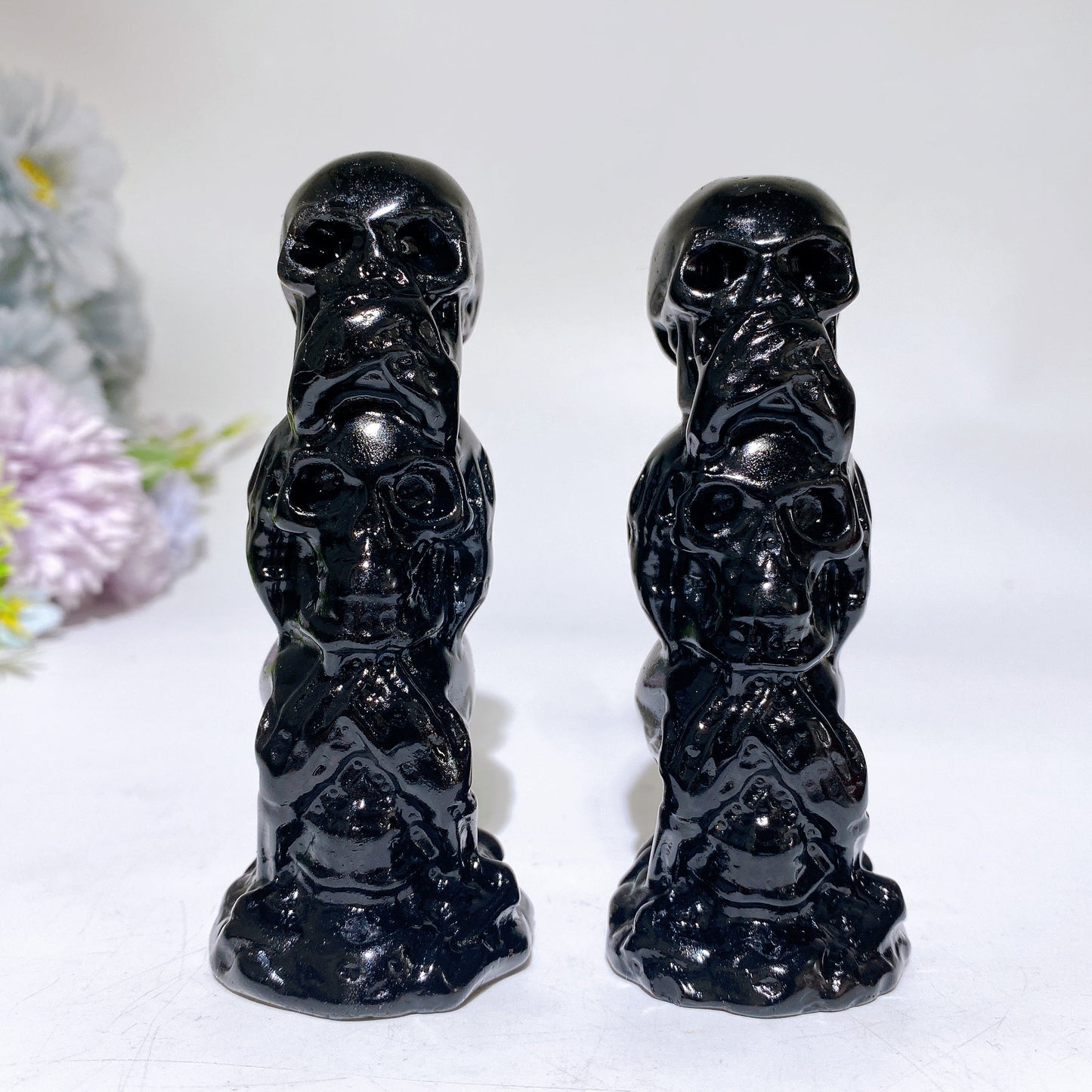 4.1" Black Obsidian Three-no Skulls Carving Crystal Healing Bulk Wholesale