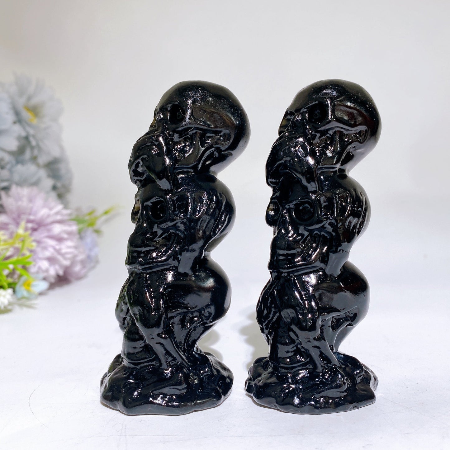 4.1" Black Obsidian Three-no Skulls Carving Crystal Healing Bulk Wholesale