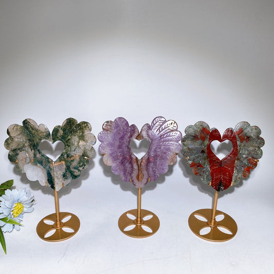 Crystal Heart Wings Carving with Stand Crystal Healing Bulk Wholesale