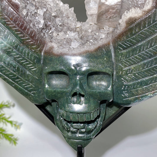 Large Unique Ocean Jasper Druzy Quartz Skull Heart Carving with Stand Crystal Healing Bulk Wholesale