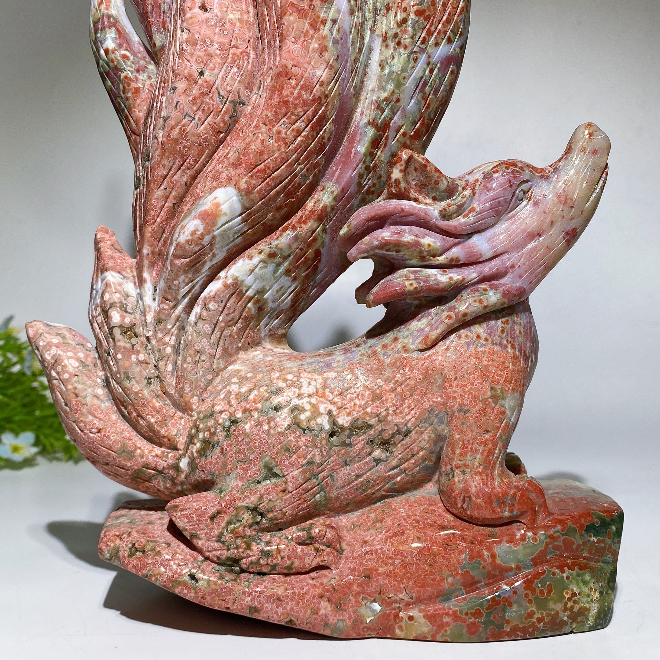 30cm Large Unique Ocean Jasper Nine-tails Fox Carving with Wooden