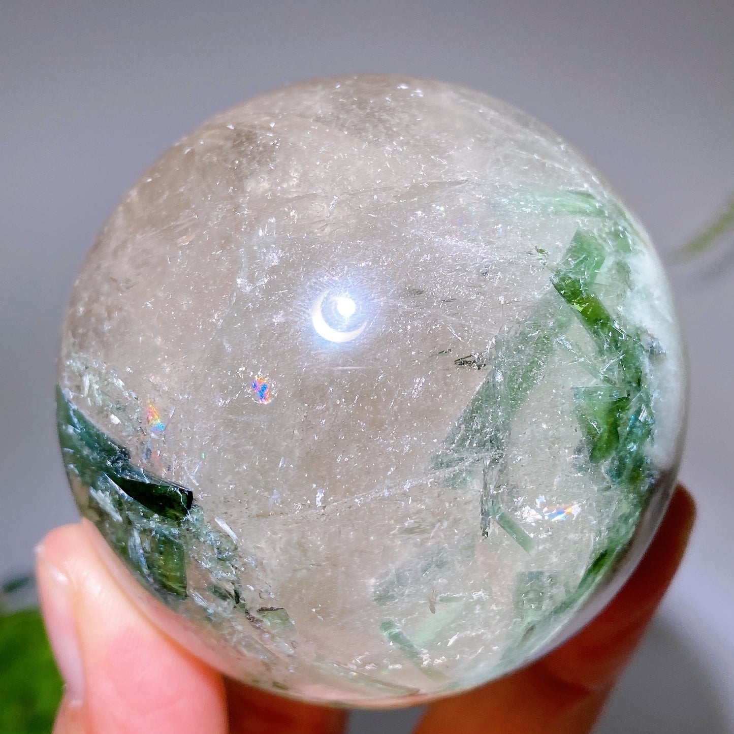 Unique 65mm Strong Rainbow Green Tourmaline In Quartz Sphere