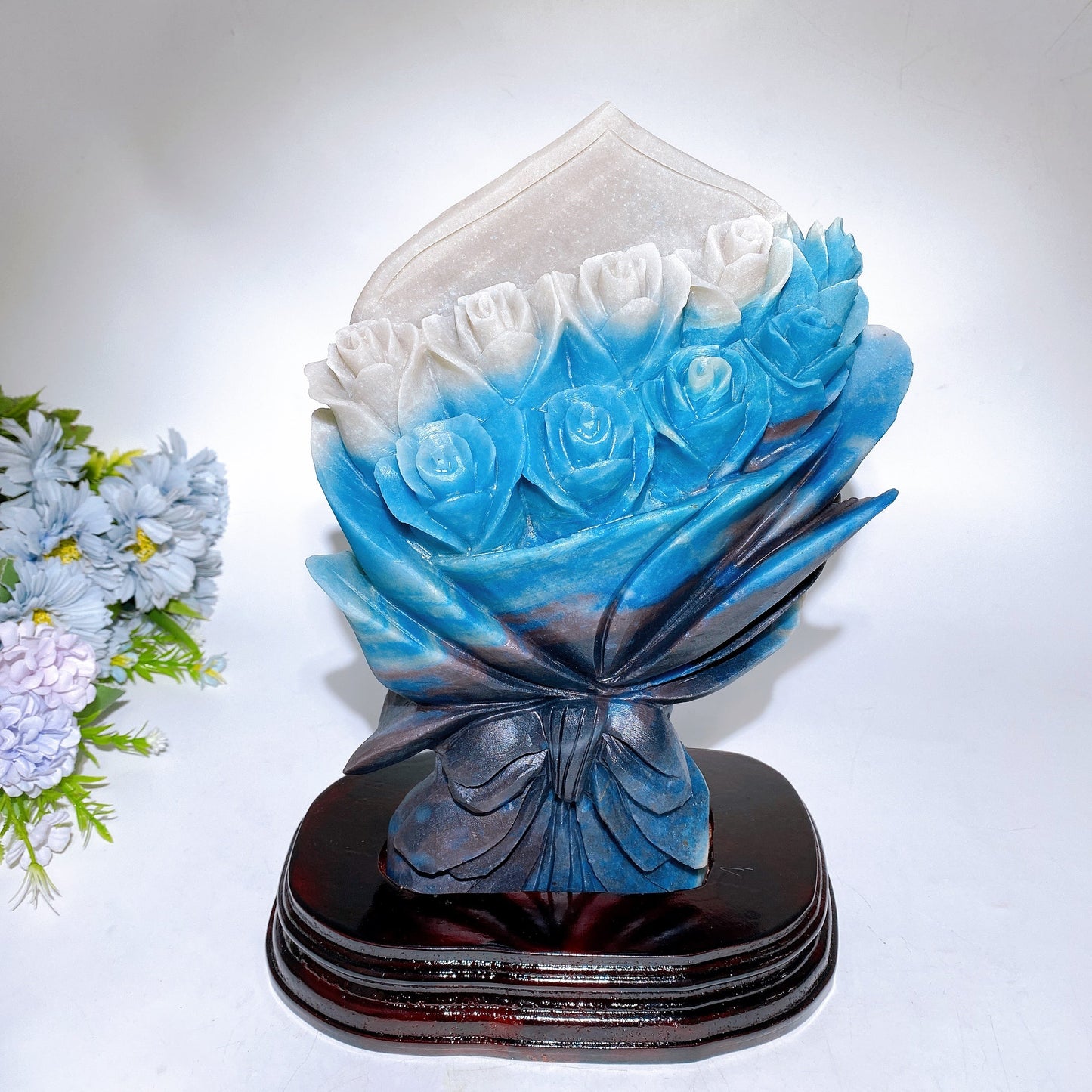 26cm Trolleite Rose Flower Bouquet Carving with Wooden Stand Crystal Healing Bulk Wholesale