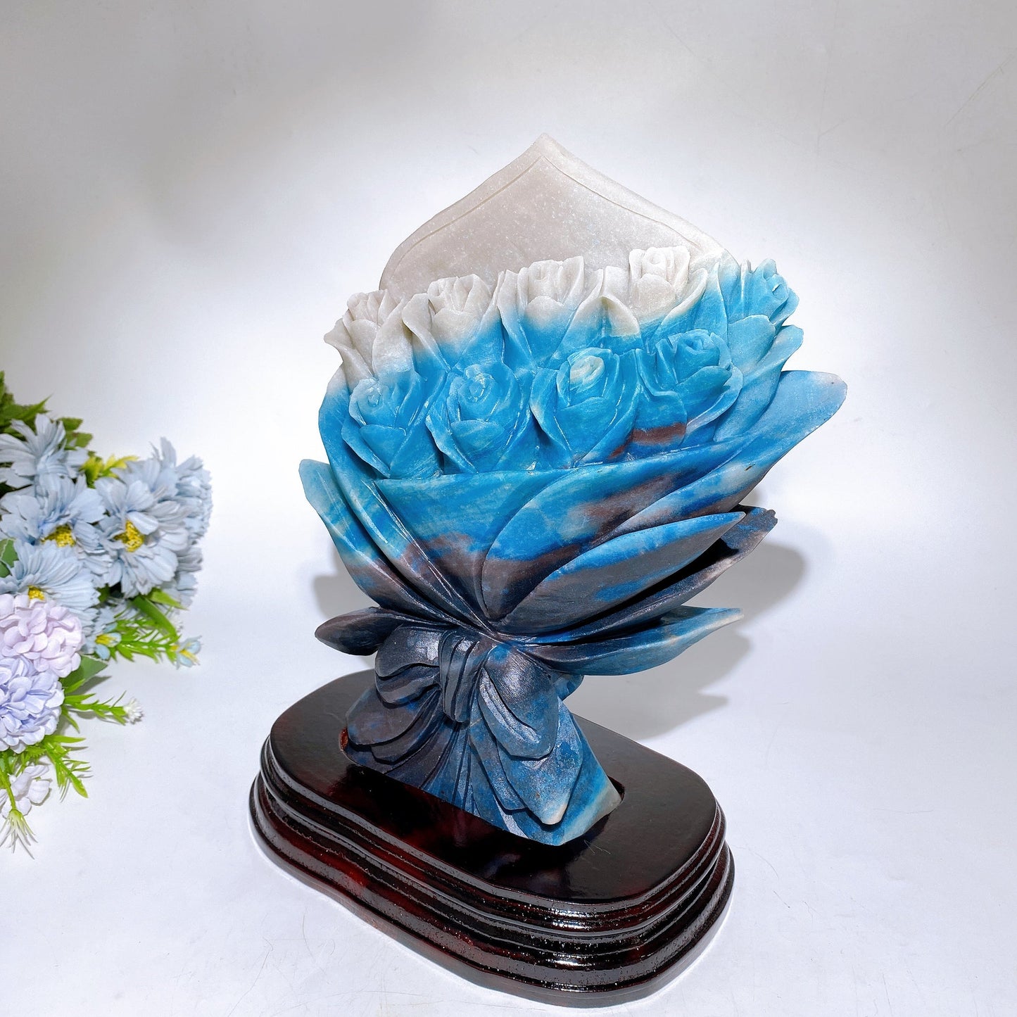 26cm Trolleite Rose Flower Bouquet Carving with Wooden Stand Crystal Healing Bulk Wholesale