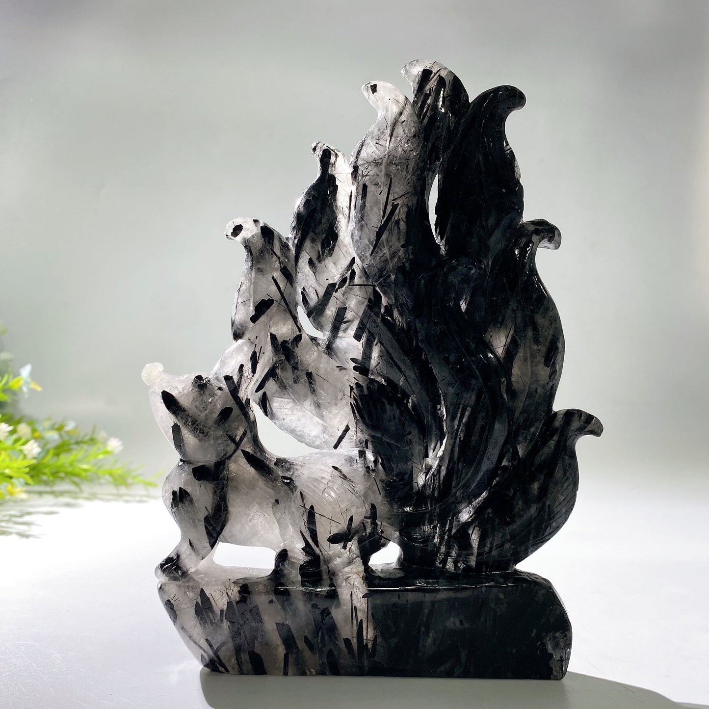 20cm Uninque Black Tourmaline in Quartz Nine-tails Fox Carving Crystal Healing Bulk Wholesale