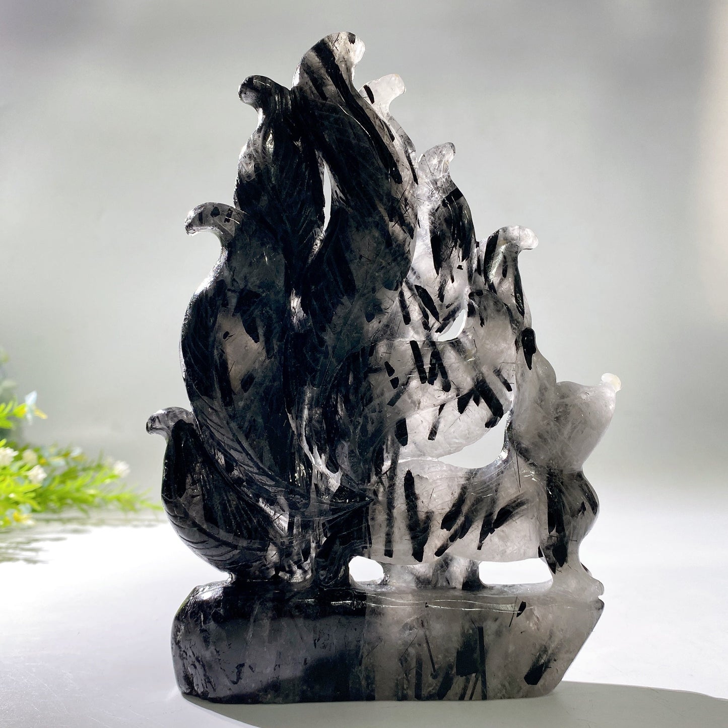 20cm Uninque Black Tourmaline in Quartz Nine-tails Fox Carving Crystal Healing Bulk Wholesale
