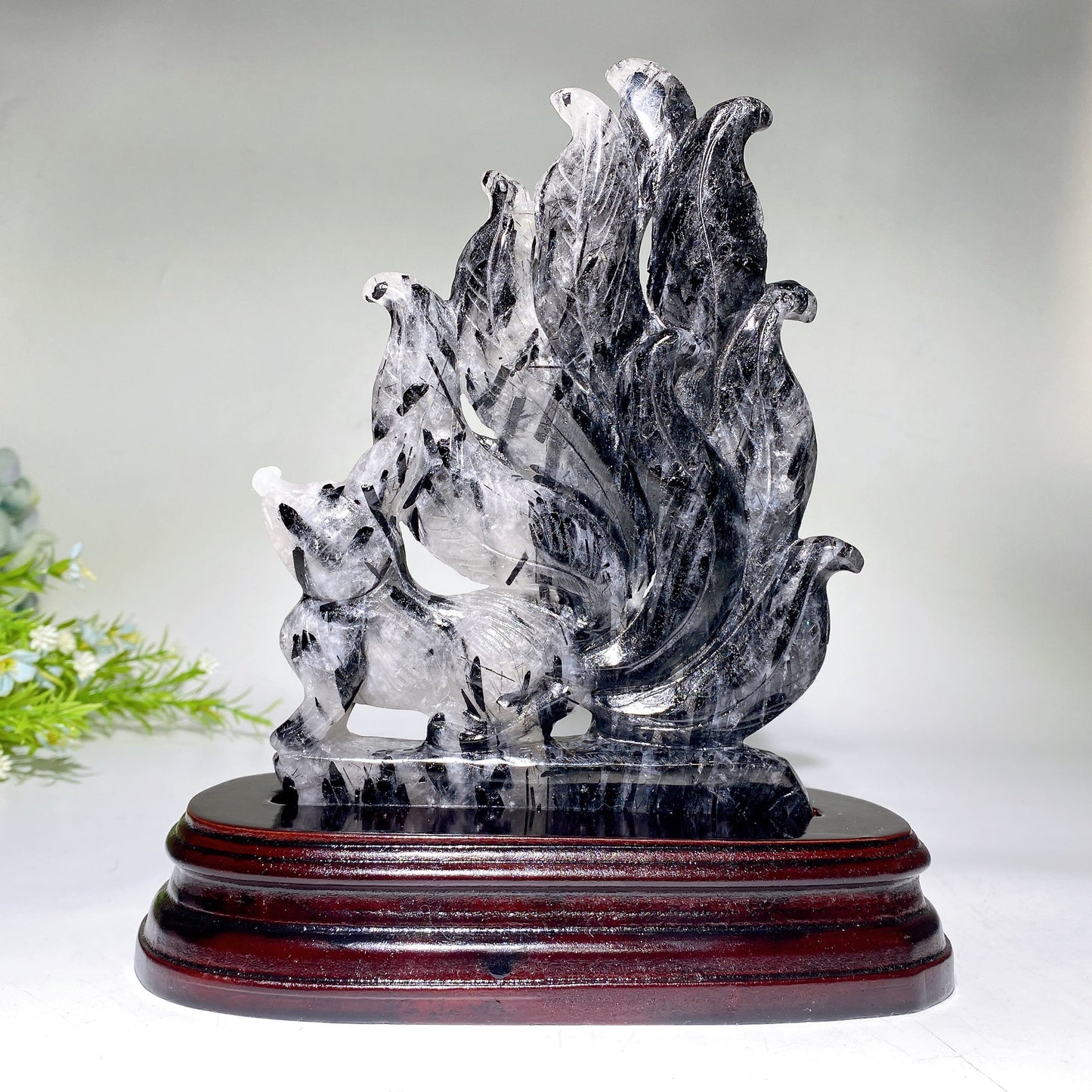 20cm Uninque Black Tourmaline in Quartz Nine-tails Fox Carving Crystal Healing Bulk Wholesale