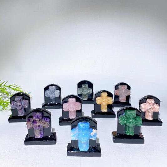 2.3" Black Obsidian Tombstone with Cross Skull Decor Carving Crystal Healing Bulk Wholesale