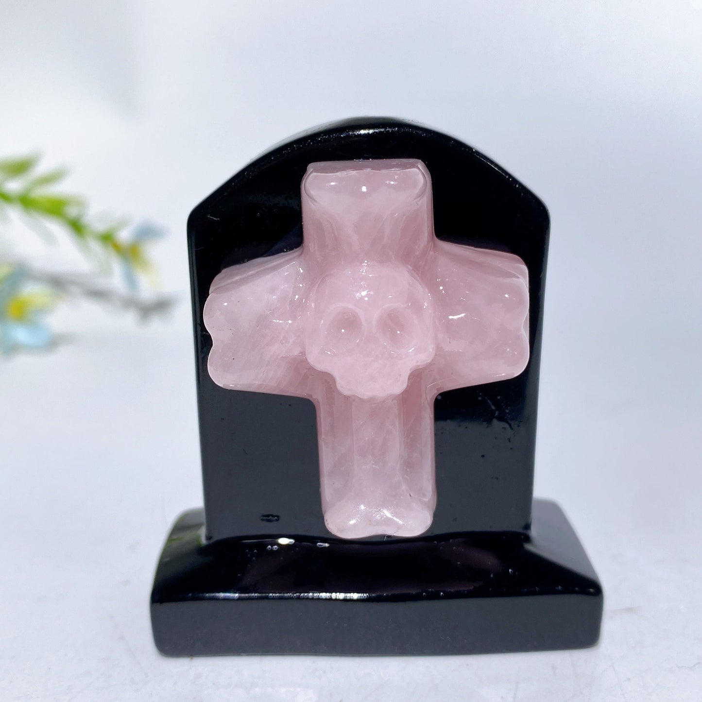 2.3" Black Obsidian Tombstone with Cross Skull Decor Carving Crystal Healing Bulk Wholesale