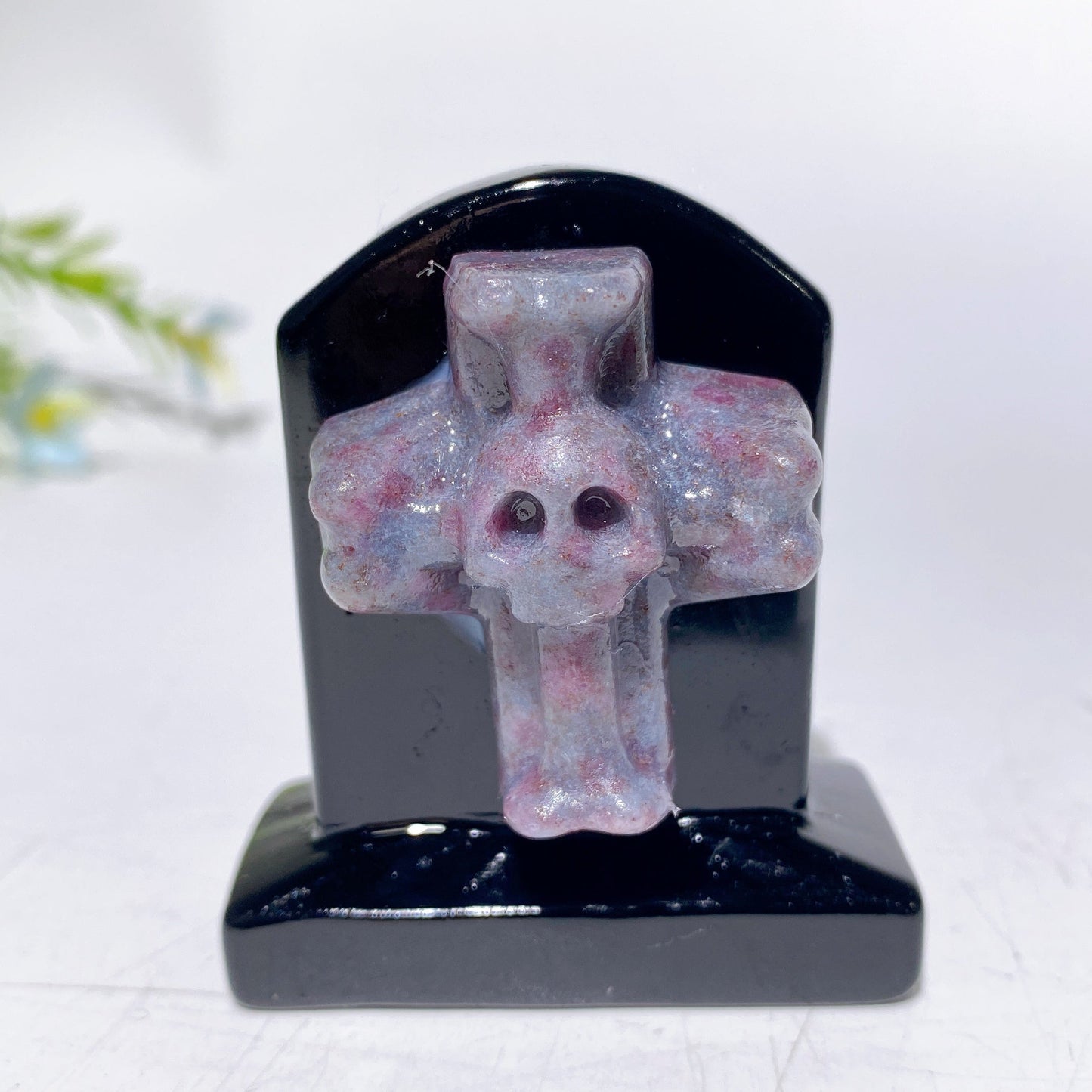 2.3" Black Obsidian Tombstone with Cross Skull Decor Carving Crystal Healing Bulk Wholesale
