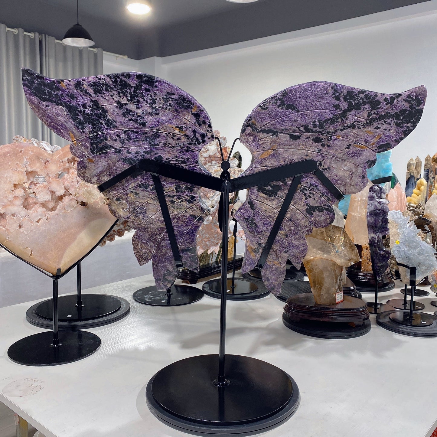 Large Unique Charoite with Calcite Butterfly Wings with Stand Crystal Healing Bulk Wholesale