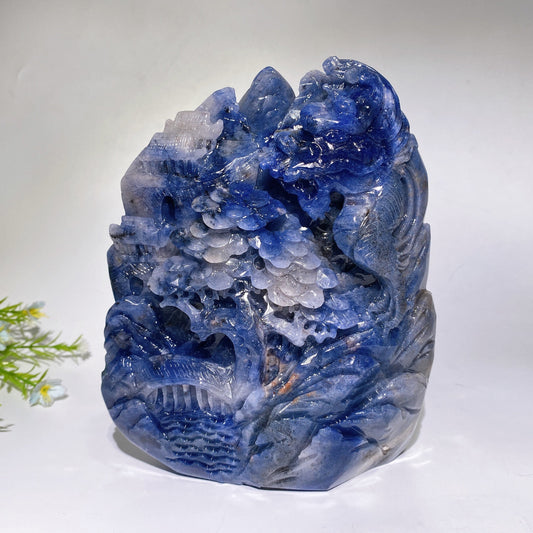 18cm Unique Hand Carved Sodalite Landscape with Dragon Carving Free Form Crystal Healing Bulk Wholesale
