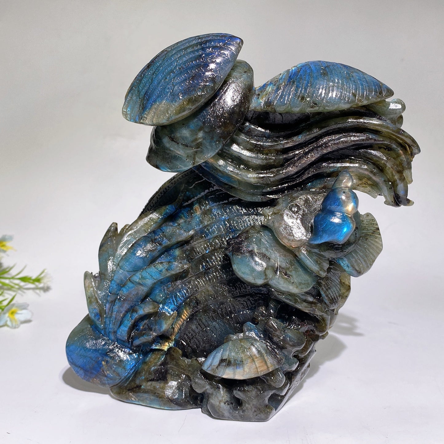 15cm Unique Hand Carved Labradorite Ocean World Shell Octopus Fish Coral Carving Crystal Healing Bulk Wholesale