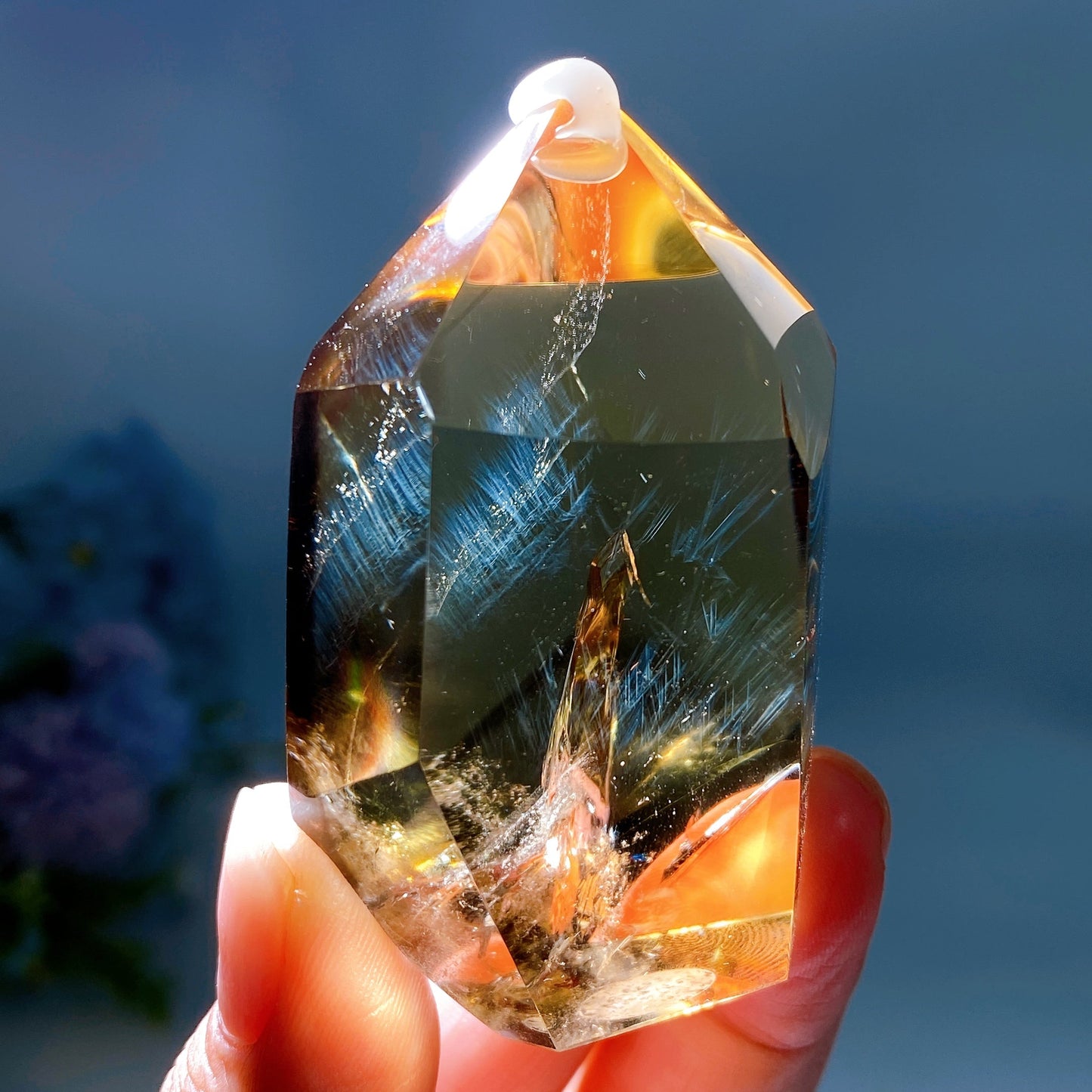 2.5" Unique Blue Needle in Citrine with Rainbow Point Crystal Healing Bulk Wholesale