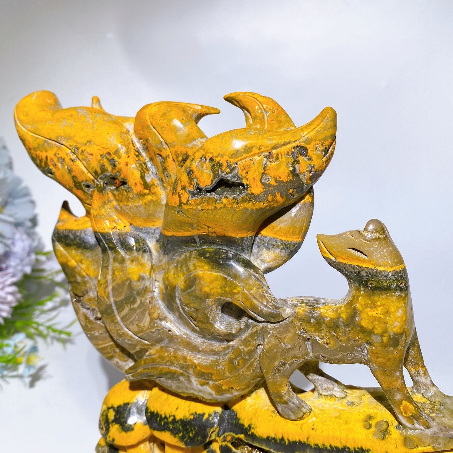 18cm Unique Bumblebee Jasper Nine-tails Fox Carving Crystal Healing Bulk Wholesale