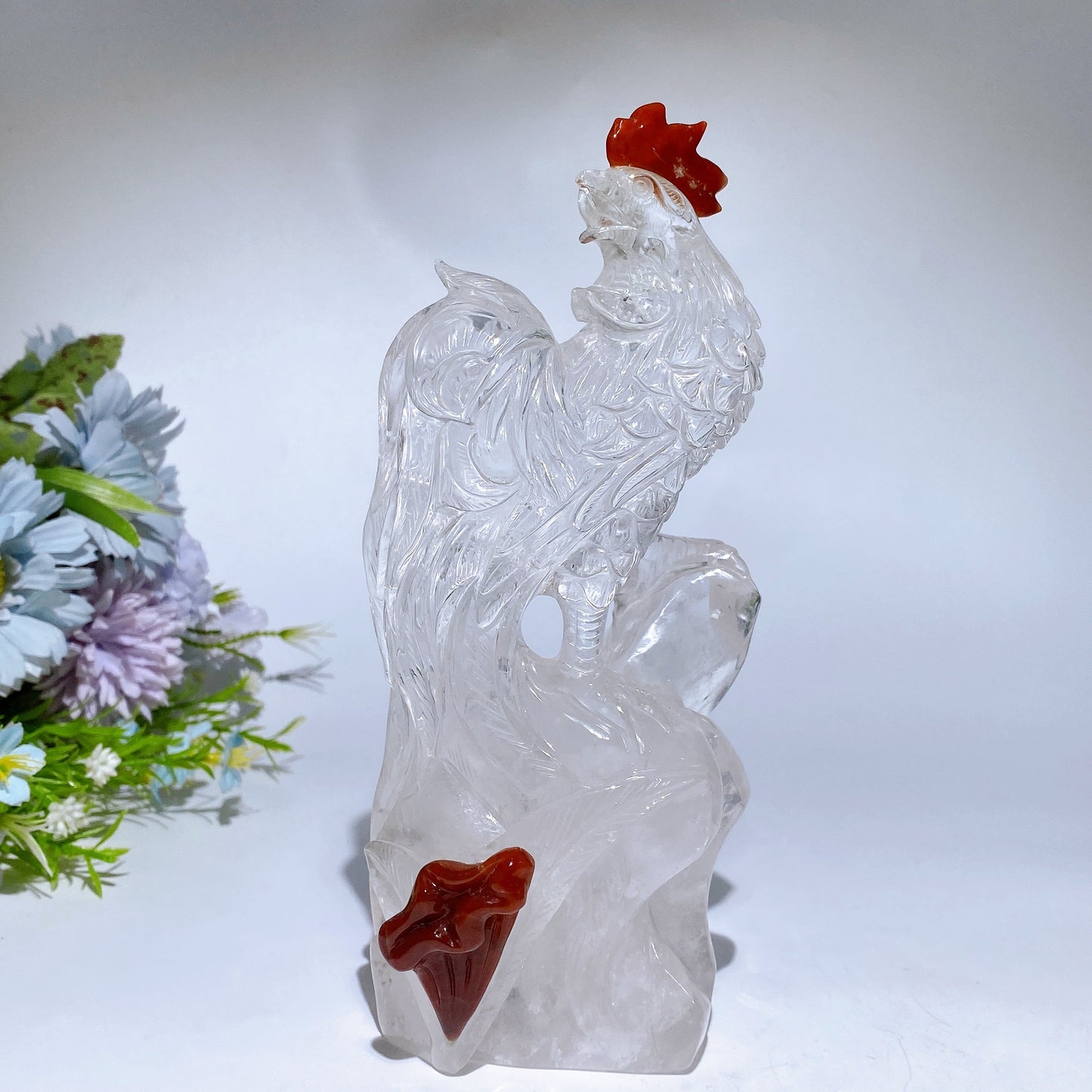 Unique Clear Quartz with Carnelian Rooster Carving with Wooden Stand Crystal Healing Bulk Wholesale