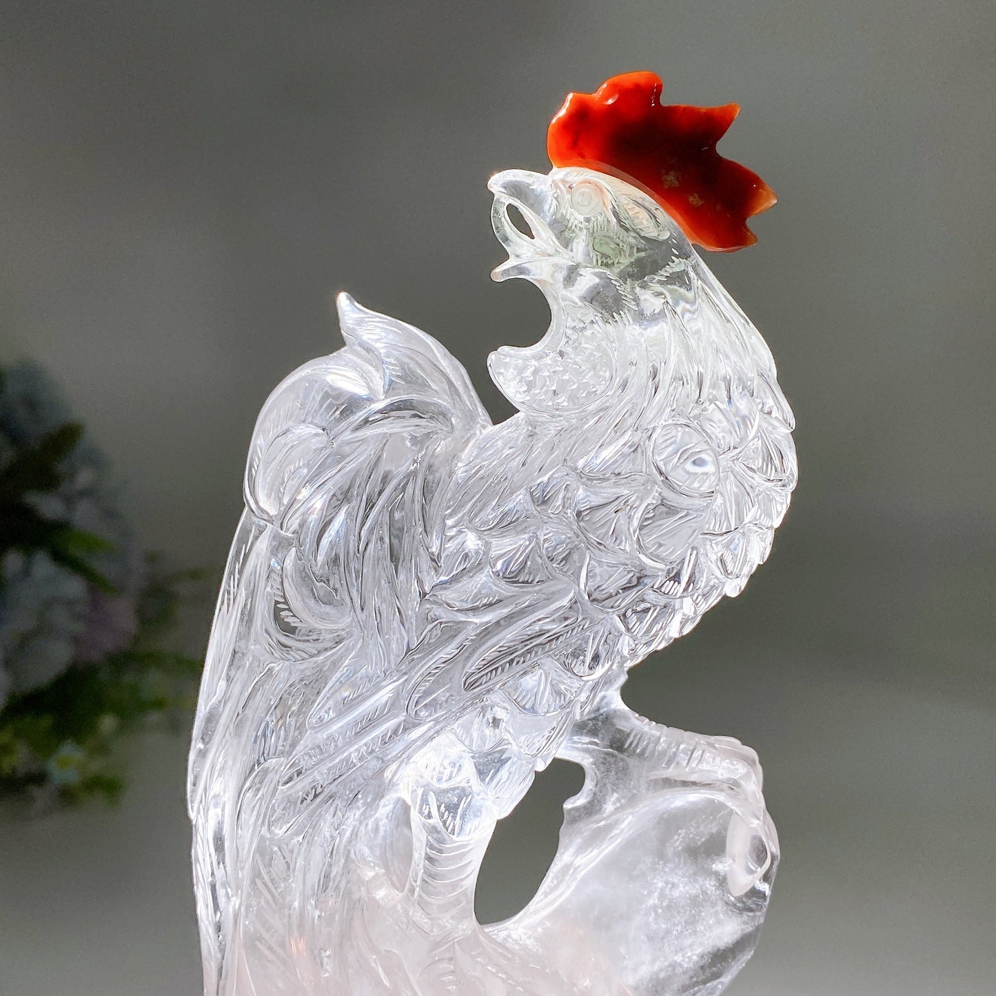Unique Clear Quartz with Carnelian Rooster Carving with Wooden Stand Crystal Healing Bulk Wholesale