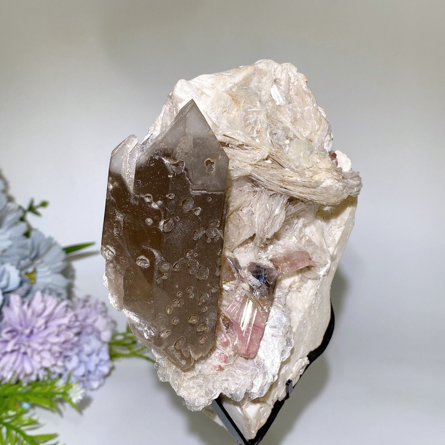 Unique Pink Tourmaline & Smoky Quartz with Mica Grow in Feldspar Specimen with Stand Crystal Healing