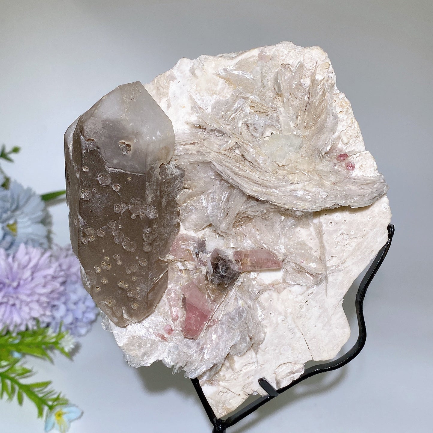 Unique Pink Tourmaline & Smoky Quartz with Mica Grow in Feldspar Specimen with Stand Crystal Healing