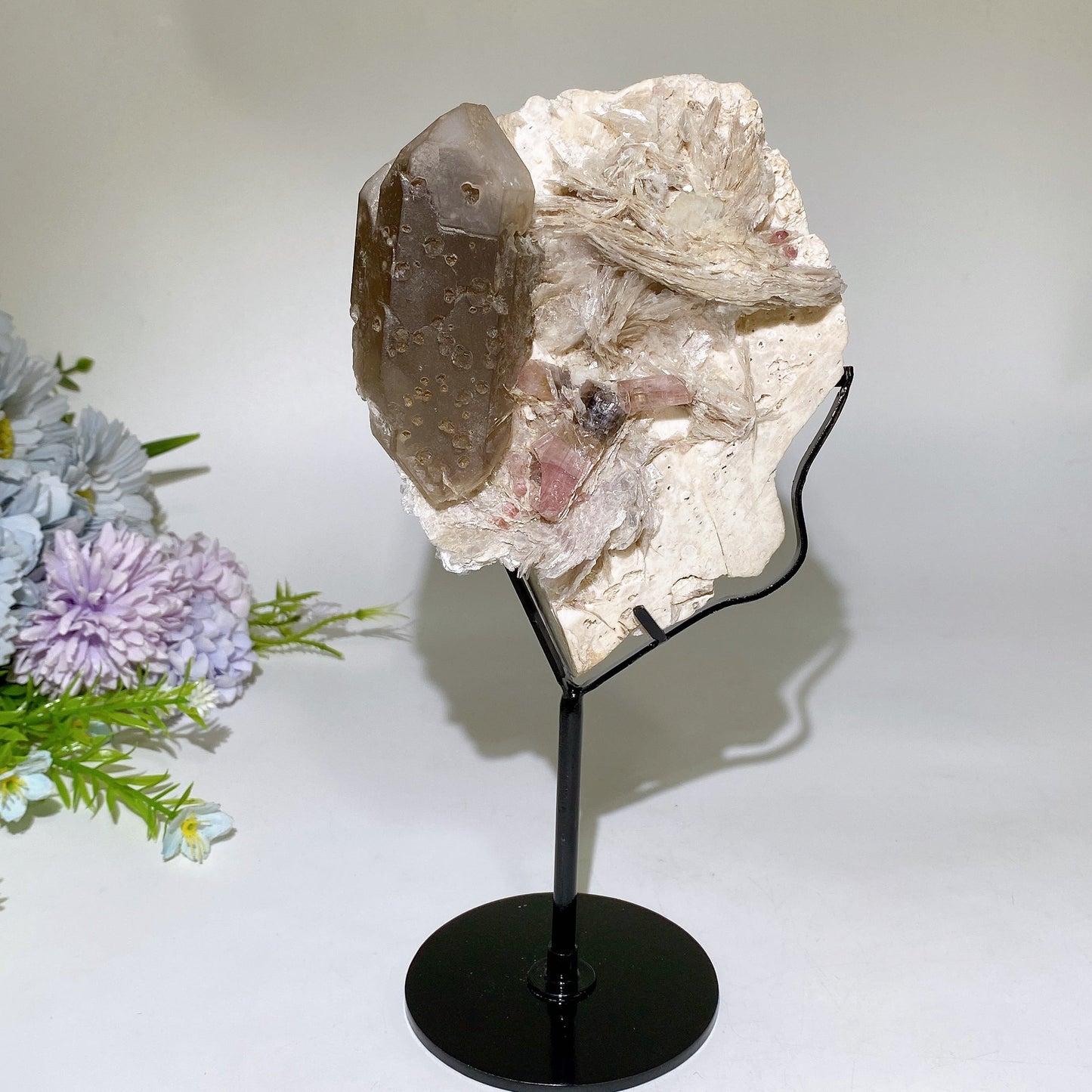 Unique Pink Tourmaline & Smoky Quartz with Mica Grow in Feldspar Specimen with Stand Crystal Healing