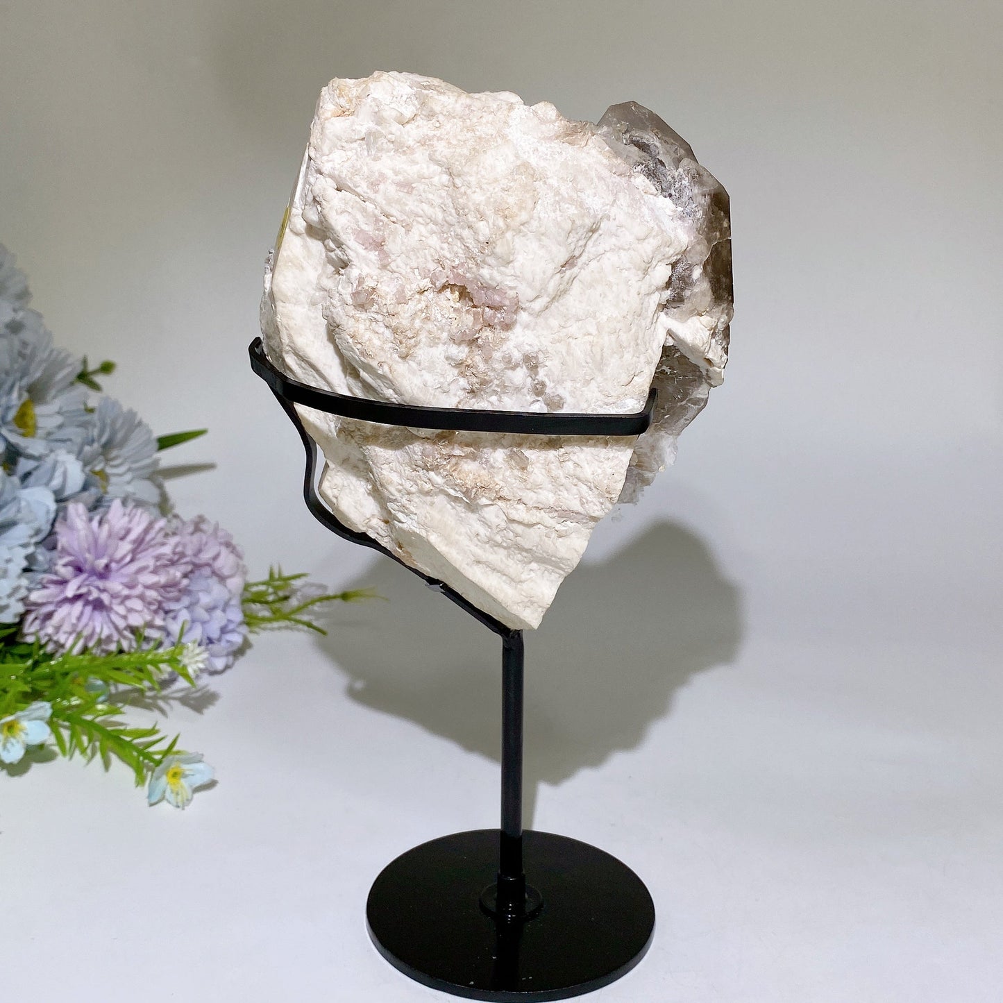 Unique Pink Tourmaline & Smoky Quartz with Mica Grow in Feldspar Specimen with Stand Crystal Healing