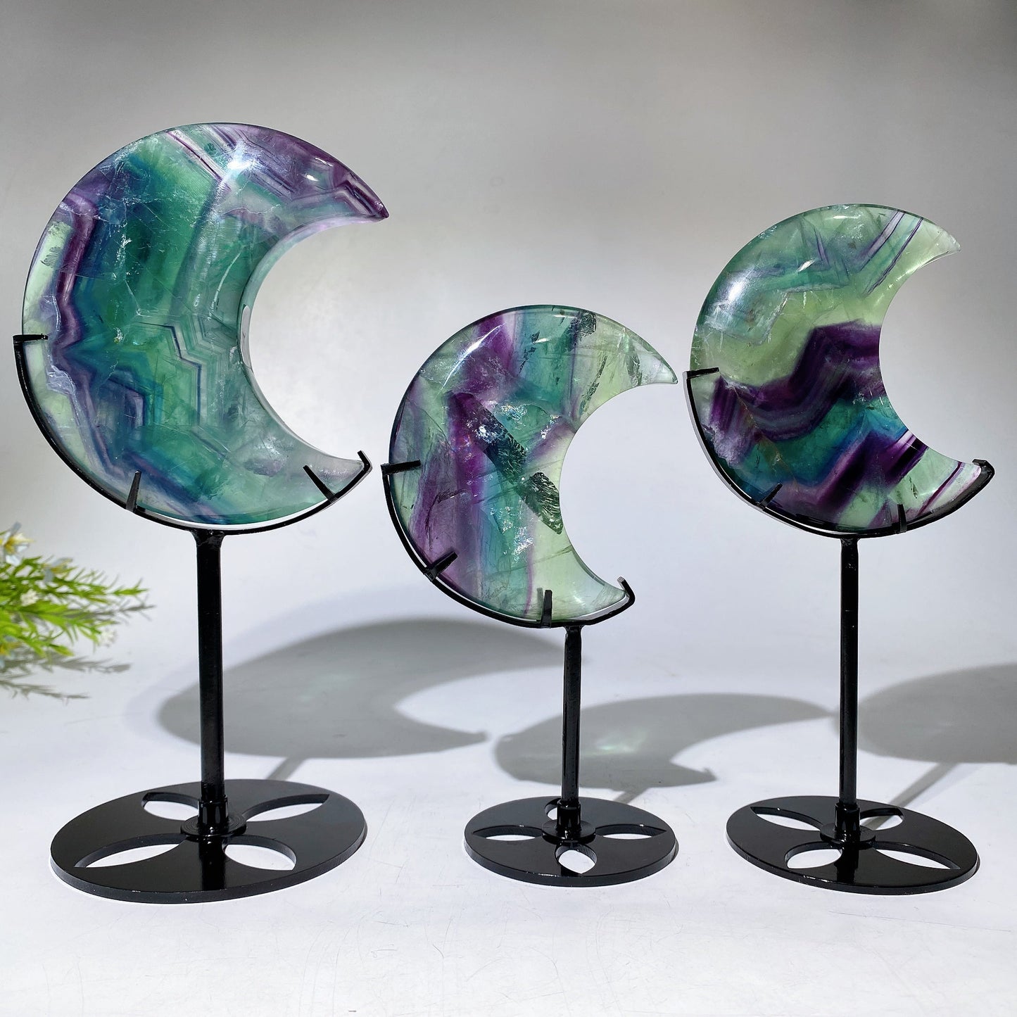 Unique Hand Carved Rainbow Fluorite Moon with Stand Crystal Healing Bulk Wholesale