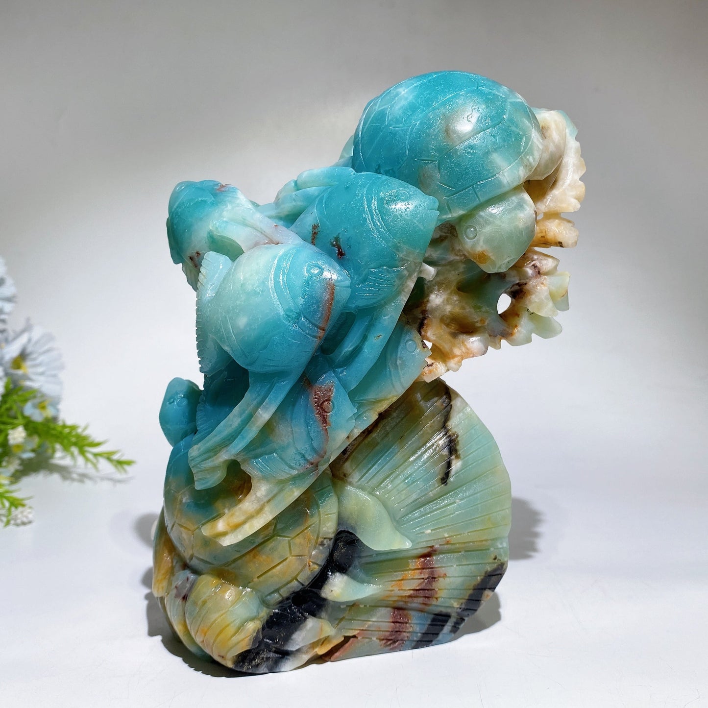 Hand Carved Unique Caribbean Calcite Ocean World Fish Turtle Coral Shell Carving Free Form Crystal Healing Bulk Wholesale