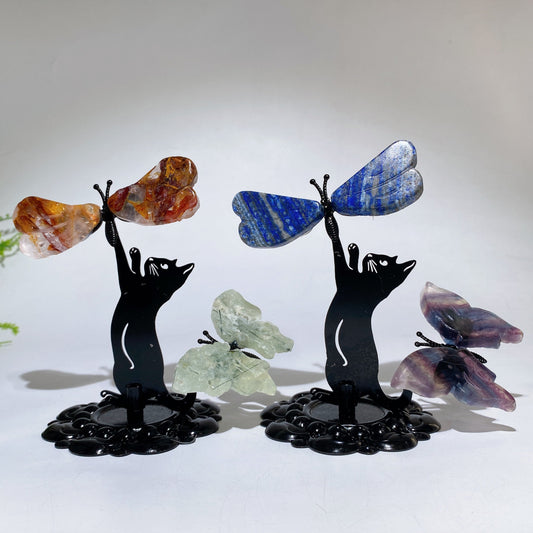 12cm Mixed Crystal Cat Catching Dragonfly Butterfly Crystal Healing Bulk Wholesale