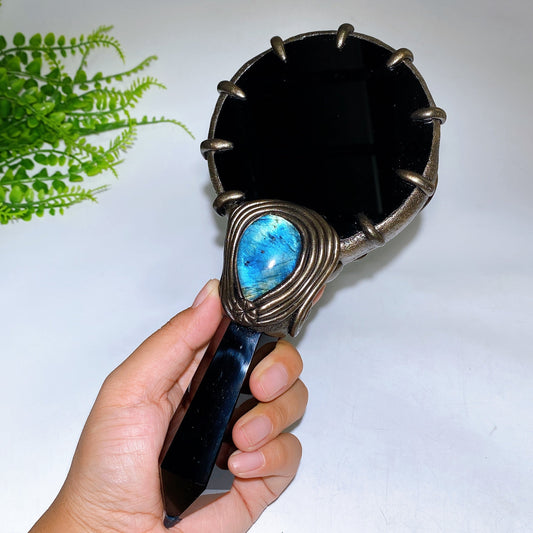 Natural Black Obsidian Mirror wtih Point Handle Labradorite Decor Crystal Healing Bulk Wholesale
