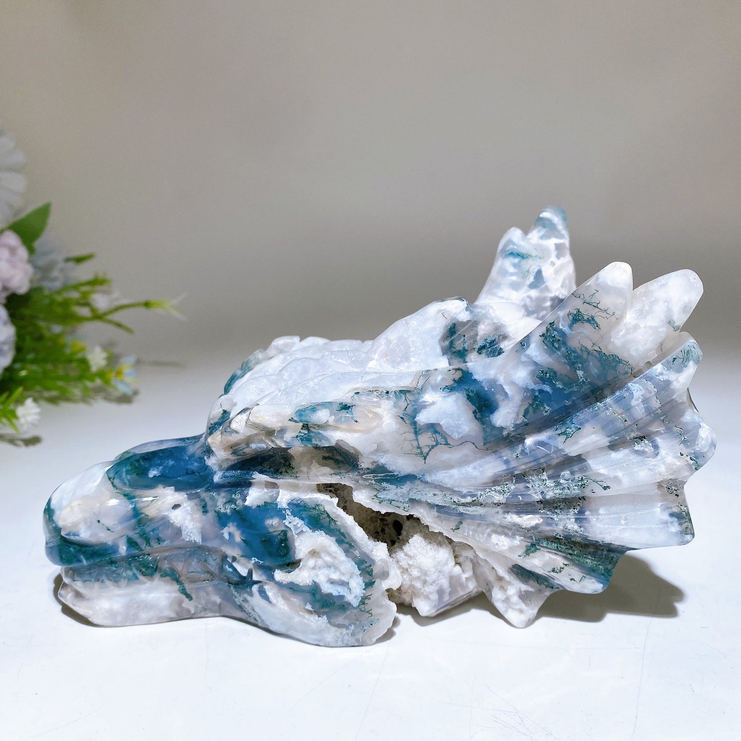 16cm Druzy Moss Agate Dragon Head Carving Crystal Healing Bulk Wholesale