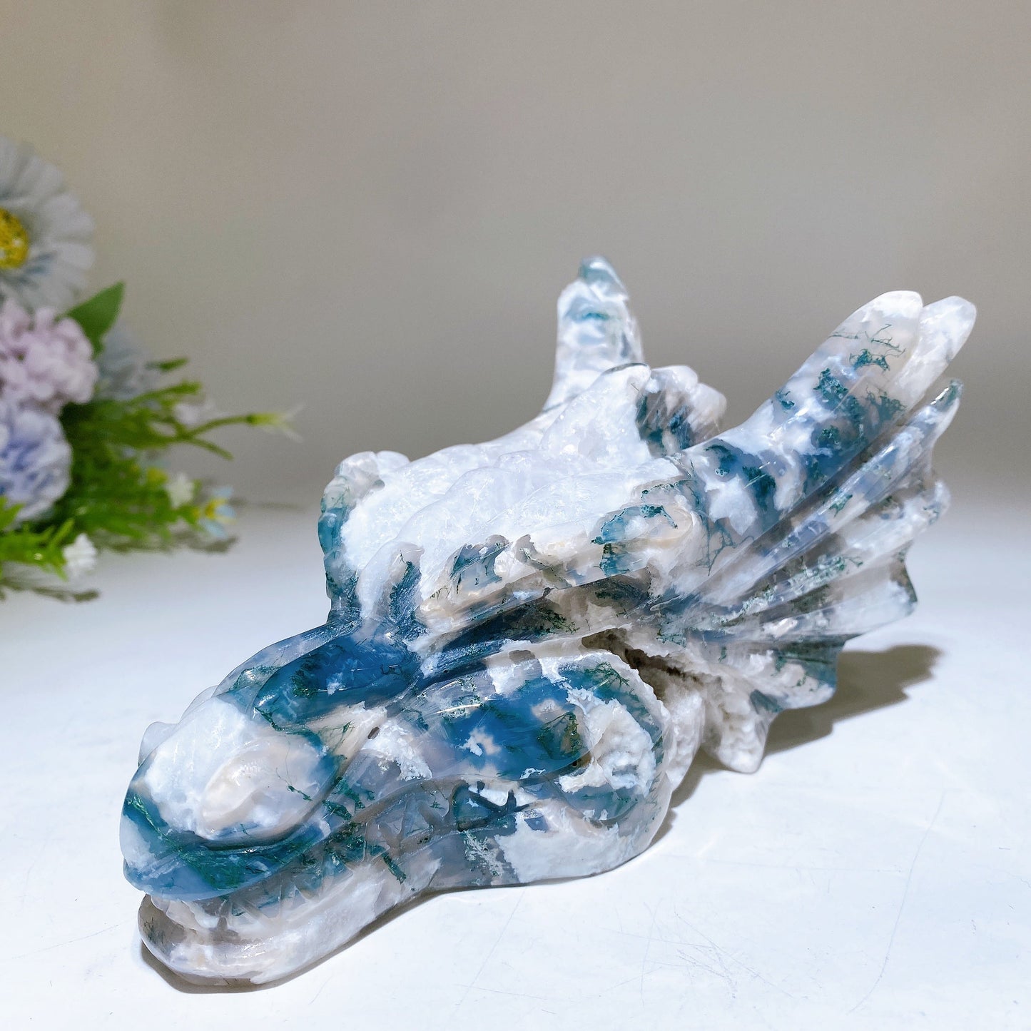 16cm Druzy Moss Agate Dragon Head Carving Crystal Healing Bulk Wholesale