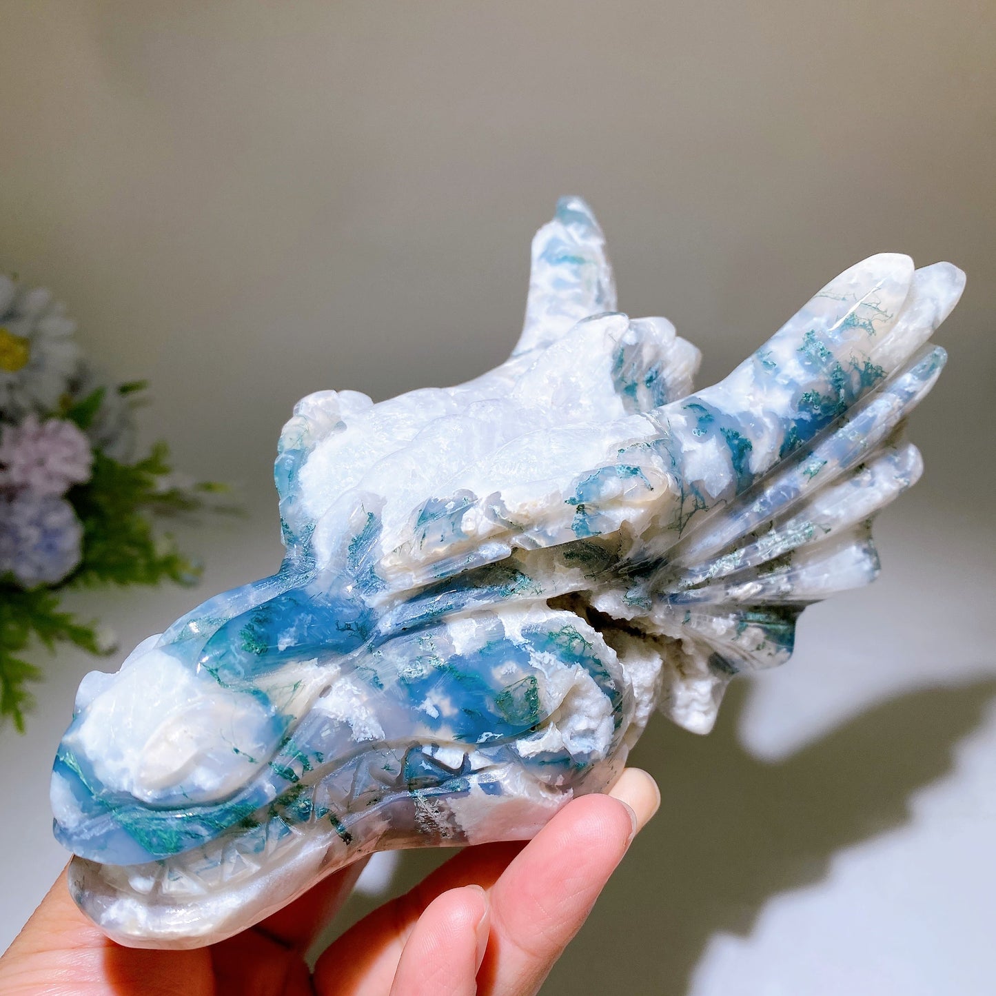 16cm Druzy Moss Agate Dragon Head Carving Crystal Healing Bulk Wholesale