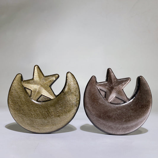 3.3" Golden Obsidian  Silver Obsidian Moon & Star Carving Crystal Healing Bulk Wholesale