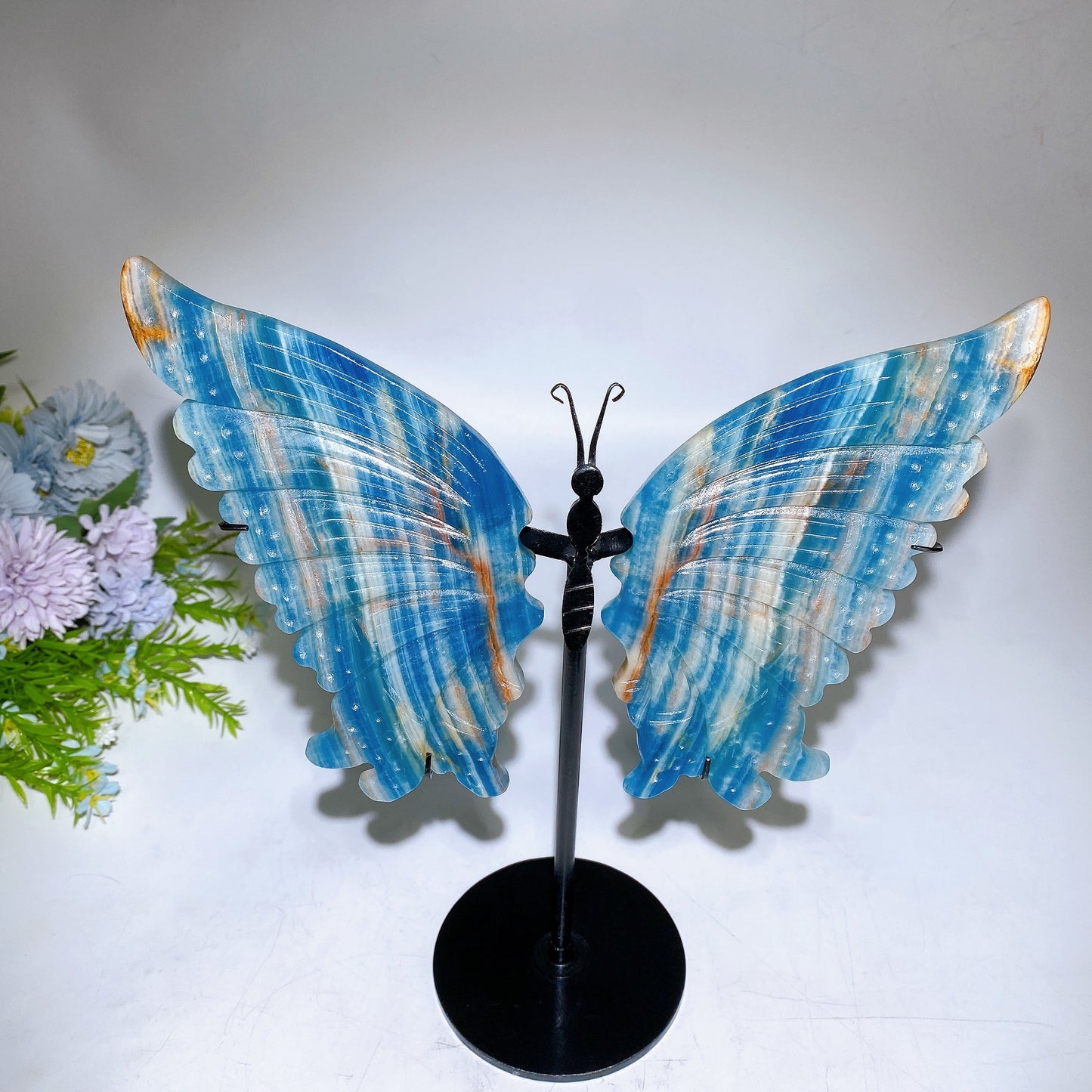 Large Unique Blue Onyx Butterfly Wings Carving with Stand Crystal Healing Bulk Wholesale