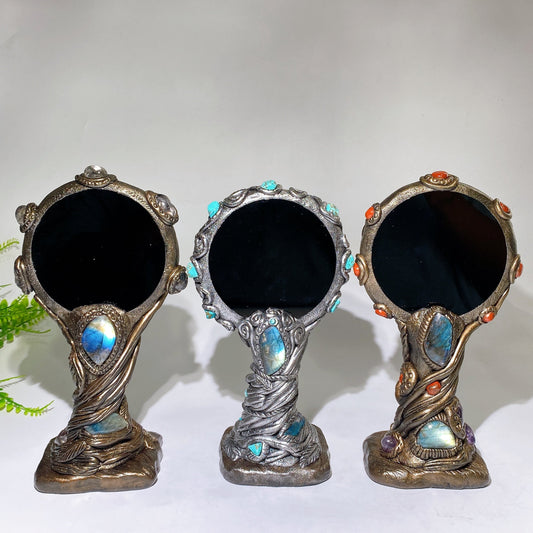 23cm Natural Black Obsidian Magic Mirror with Resin Handle Crystal Healing Bulk Wholesale