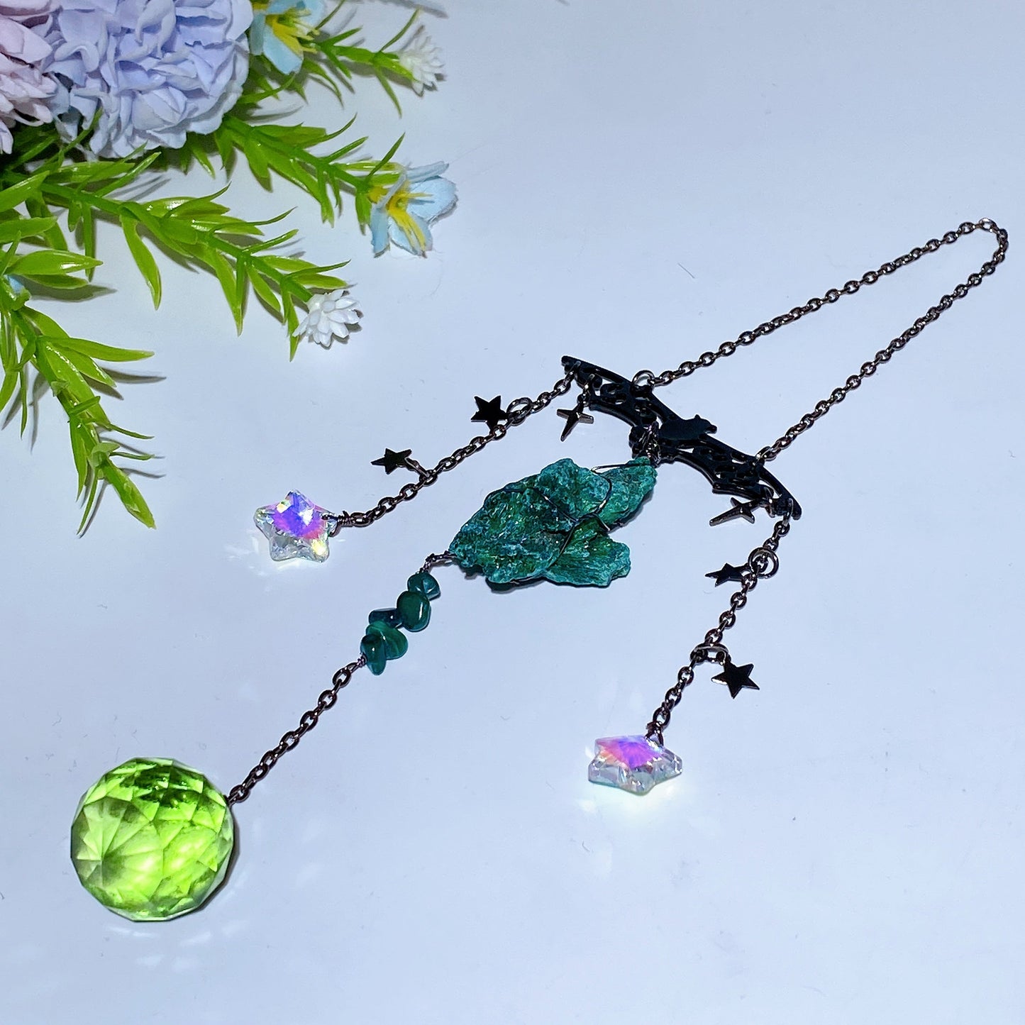 Black Obsidian Point Raw Malachite Suncatcher with Metal Bat Decor Crystal Healing Bulk Wholesale