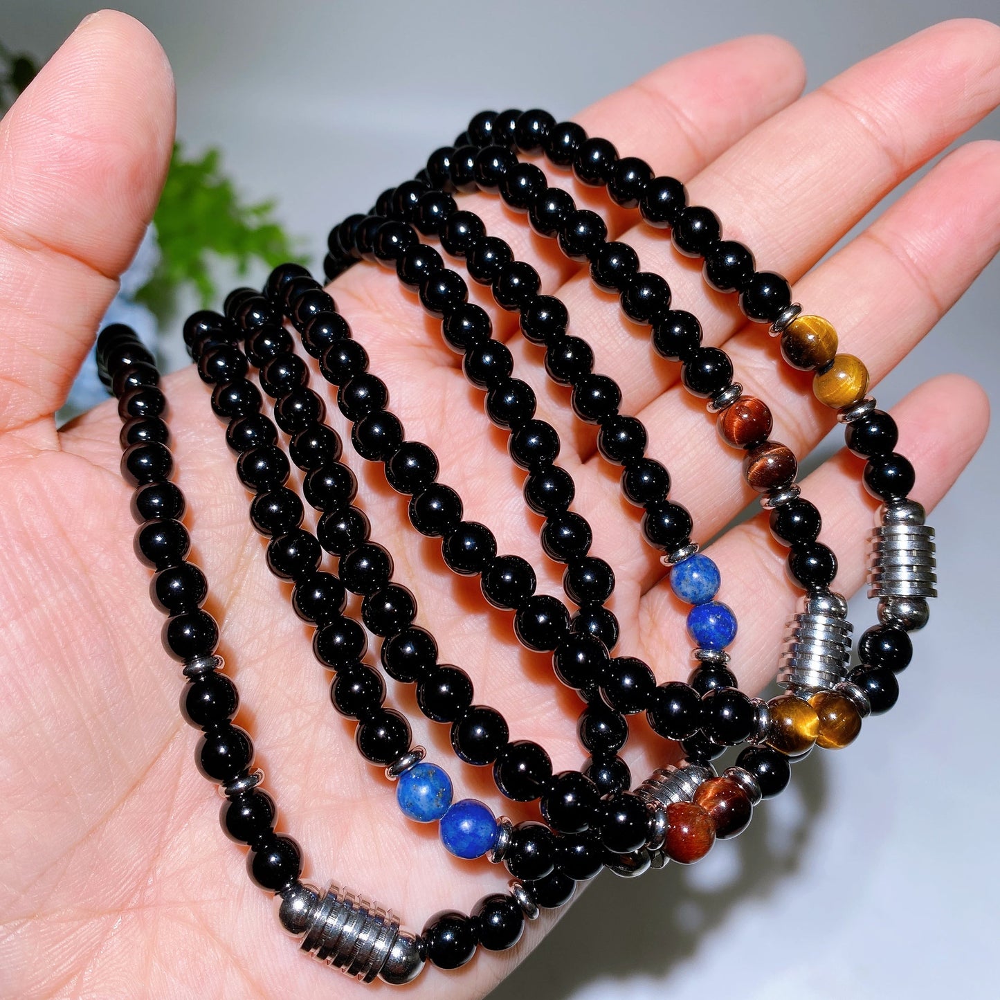 6mm Black Obsidian with Crystal Stainless Steel Neckalce Crystal Healing Bulk Wholesale