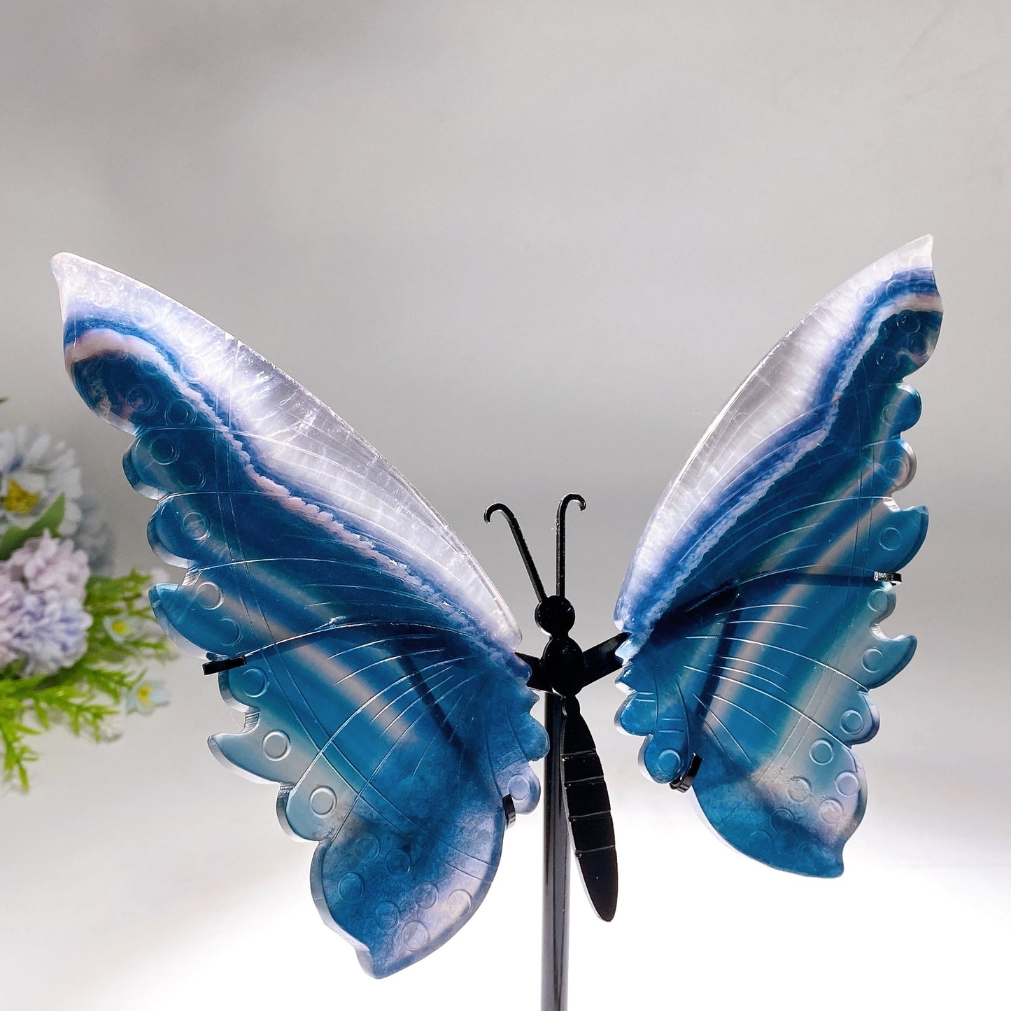 Large Unique Blue Green Fluorite Butterfly Wings Carving with Stand Crystal Healing Bulk Wholesale