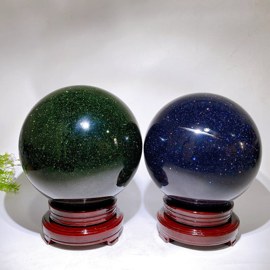 Large Unique Green Blue Sandstone Sphere with Wooden Stand Crystal Healing Bulk Wholesale