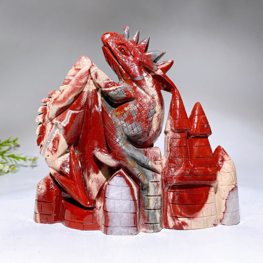 18cm Hand Carved Natural Red Jasper Dragon on Castle Crystal Healing Bulk Wholesale