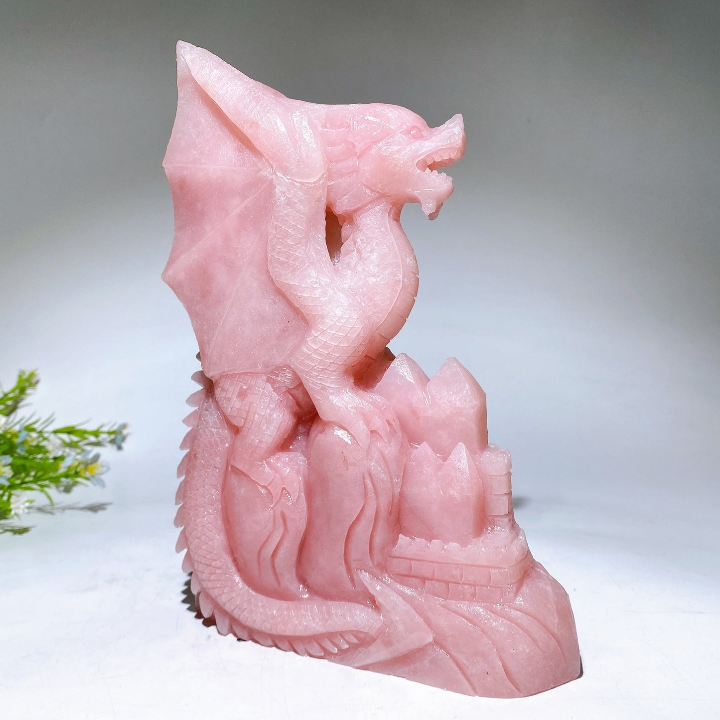22cm Hand Carved Natural Pink Opal Dragon Castle Crystal Healing Bulk Wholesale