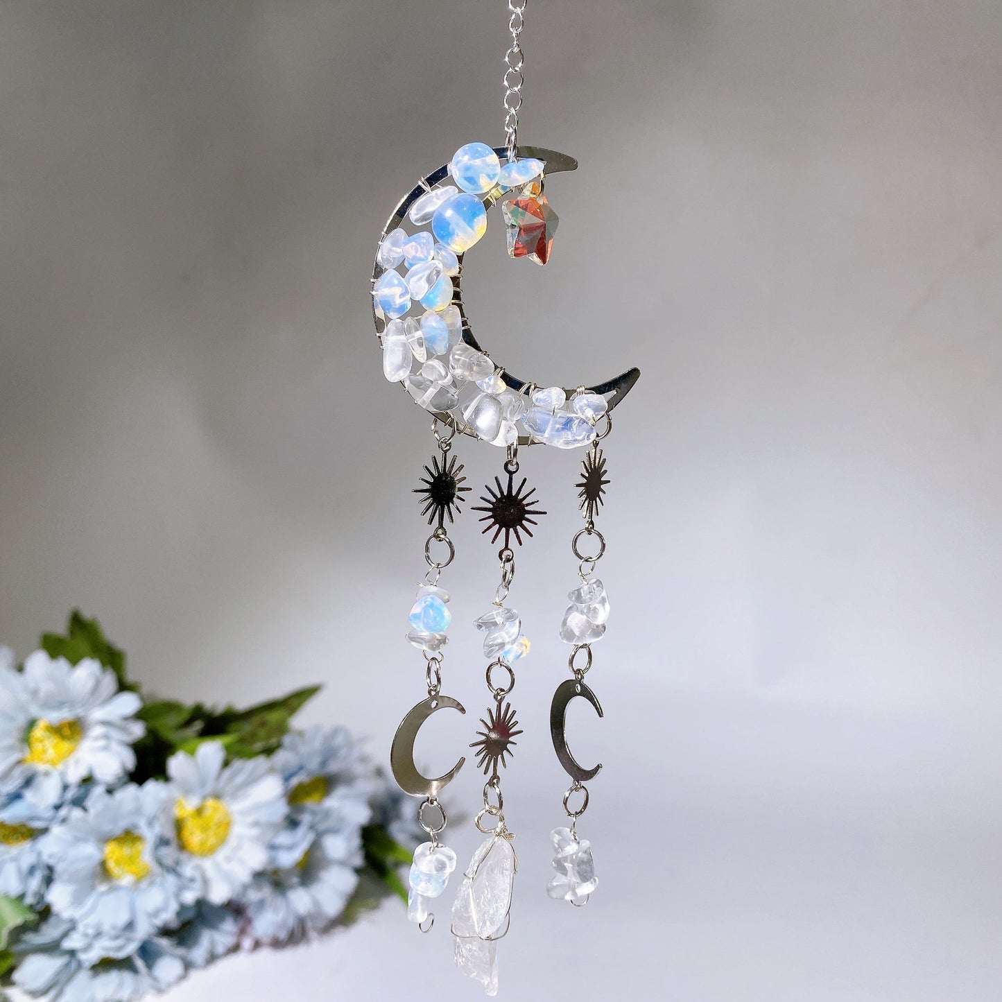 Crystal Chips Moon Shape Suncatcher Hanging Ornament Crystal Healing Bulk Wholesale