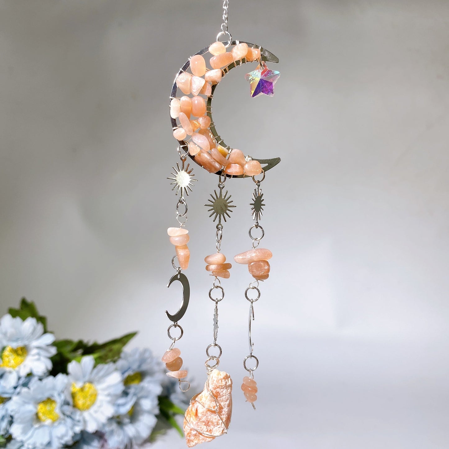 Crystal Chips Moon Shape Suncatcher Hanging Ornament Crystal Healing Bulk Wholesale