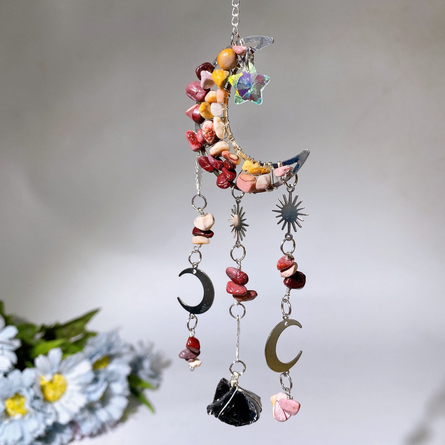 Crystal Chips Moon Shape Suncatcher Hanging Ornament Crystal Healing Bulk Wholesale