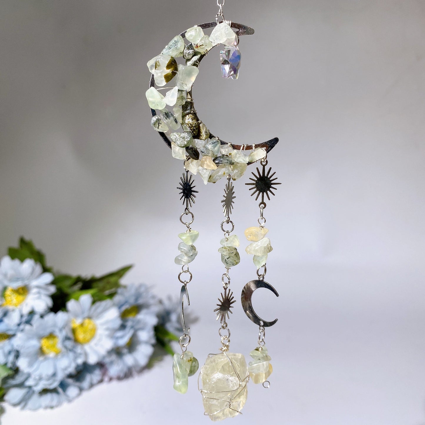 Crystal Chips Moon Shape Suncatcher Hanging Ornament Crystal Healing Bulk Wholesale