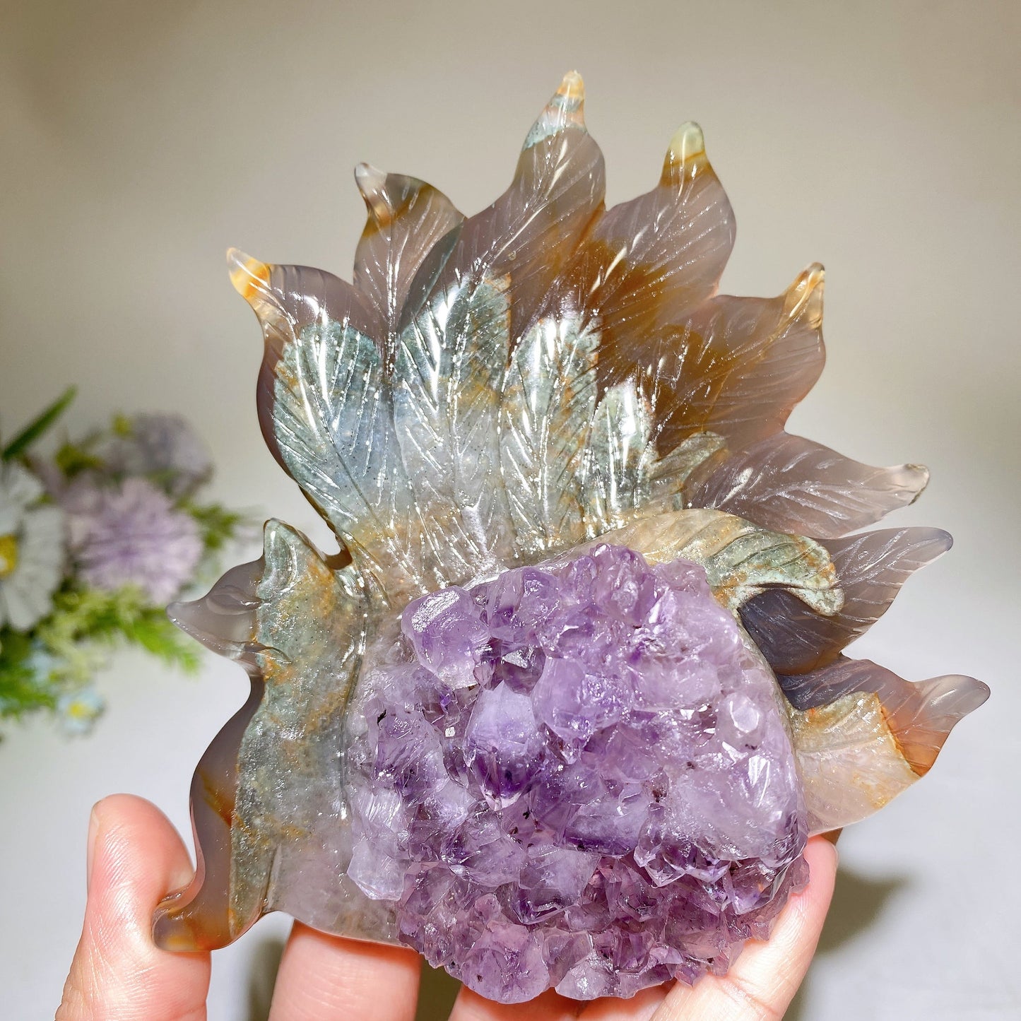 5.0 Unique Agate Growing with Amethyst Cluster Nine-tails Fox Carving Crystal Healing Bulk Wholesale