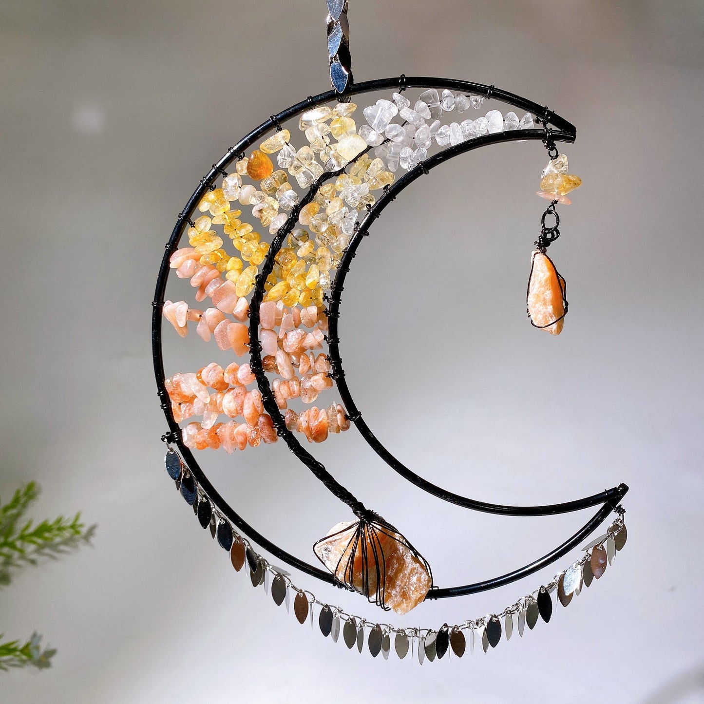 Wire Wrap Natural Gemstone Crystal Chips Moon Leaf Hanging Ornament Crystal Healing Bulk Wholesale