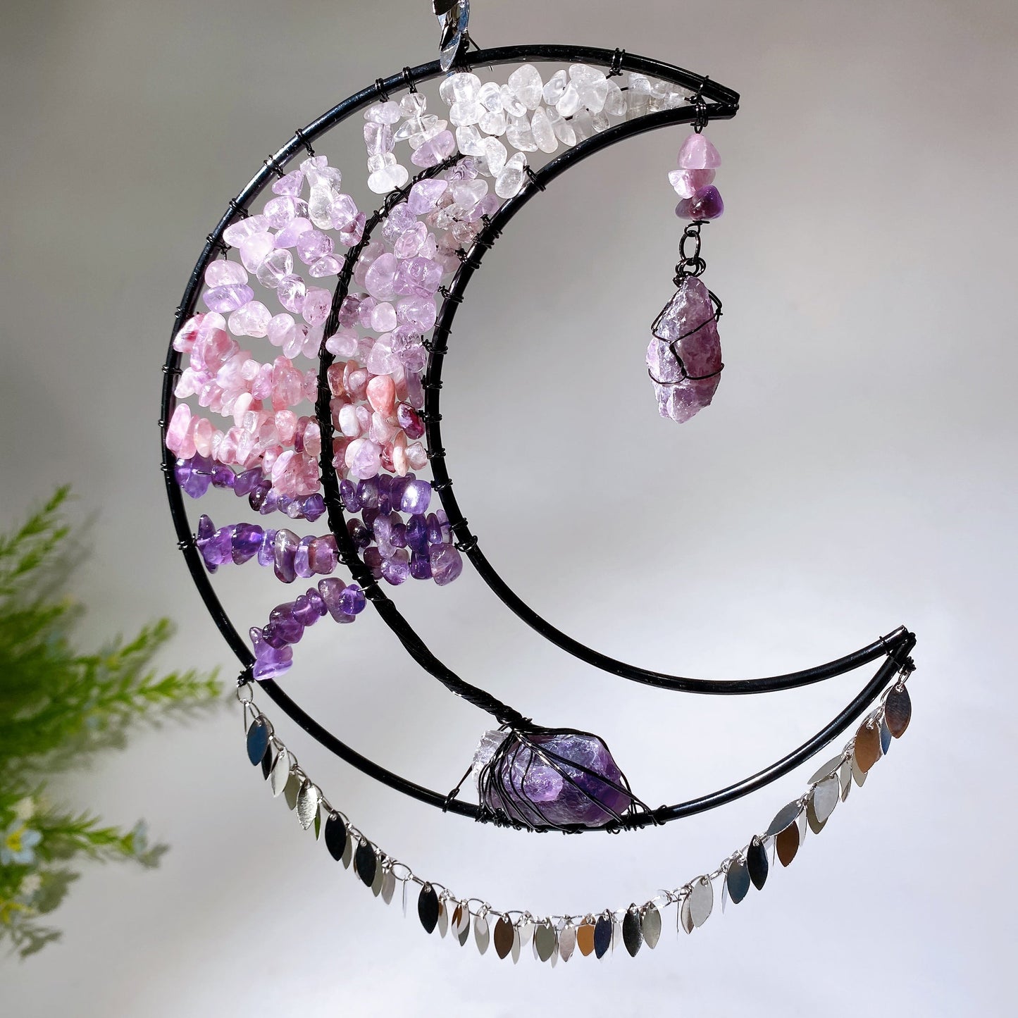 Wire Wrap Natural Gemstone Crystal Chips Moon Leaf Hanging Ornament Crystal Healing Bulk Wholesale