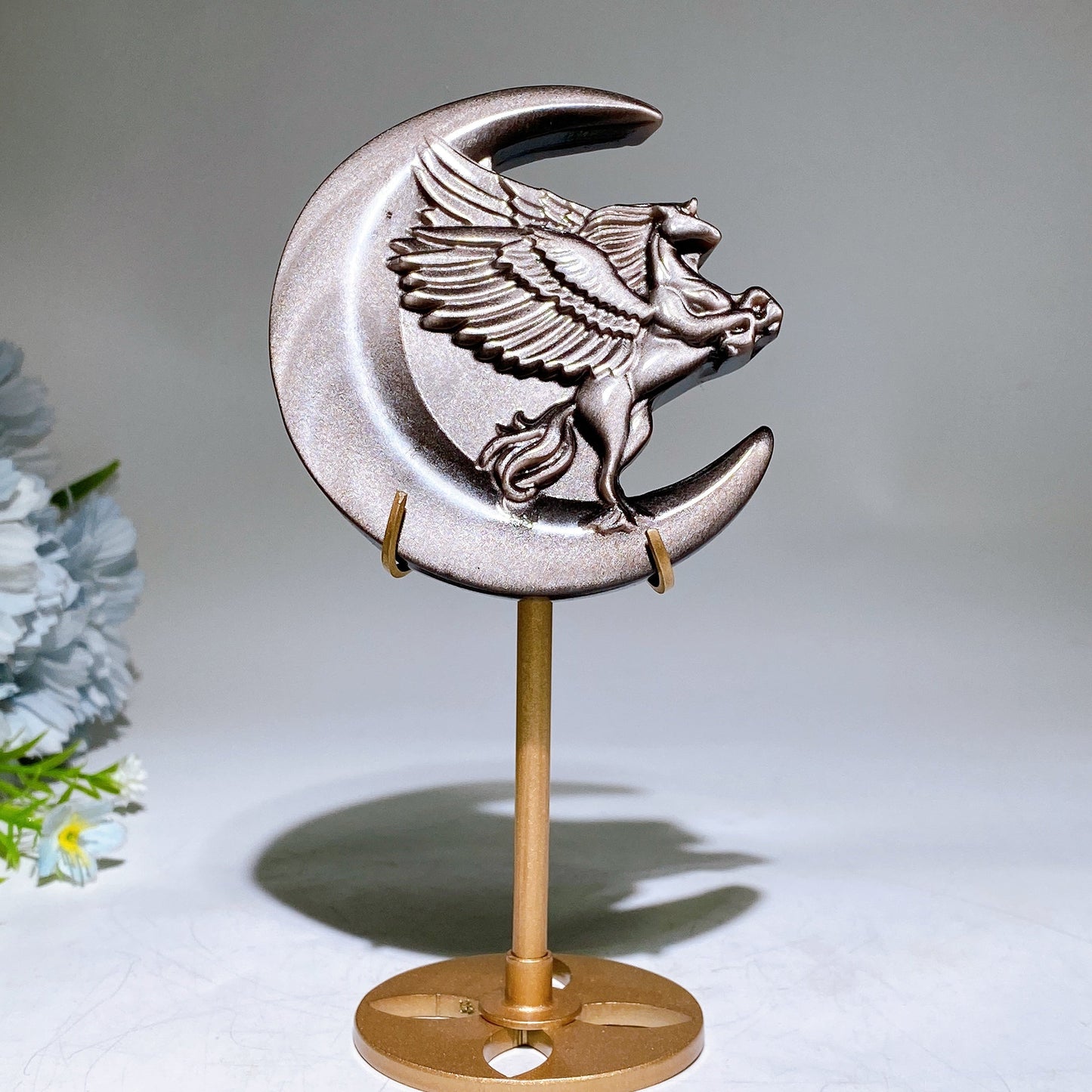 Silver Obsidian Unicorn Dragon Carving with Stand Crystal Healing Bulk Wholesale