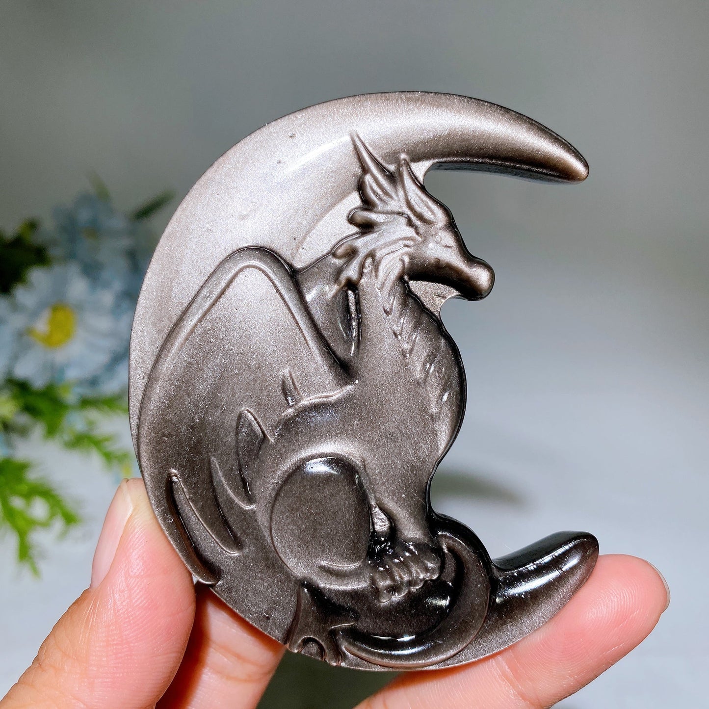 Silver Obsidian Unicorn Dragon Carving with Stand Crystal Healing Bulk Wholesale